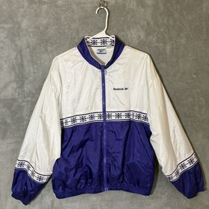 Vintage Reebok Jacket L White Purple Nylon Full Zip Windbreaker 90s Graphic